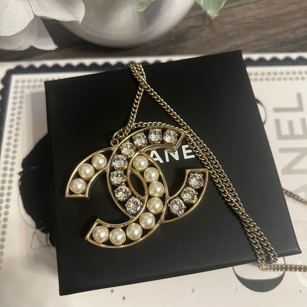 CHANEL XL Statement Crystal Faux Pearl CC Pendant Necklace